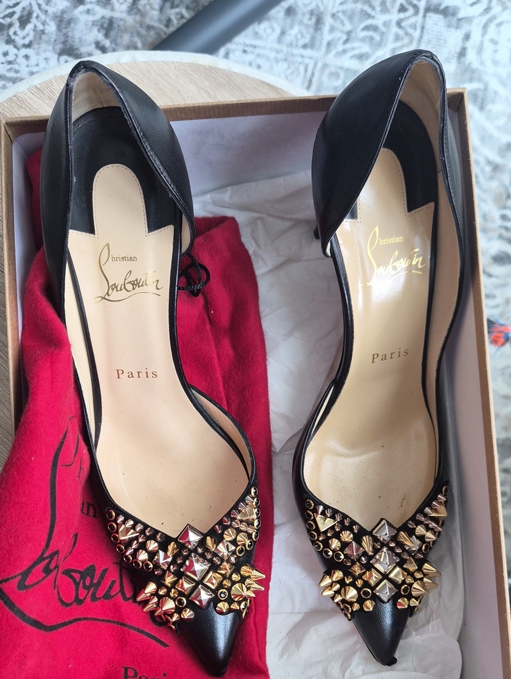 Christian Louboutin Black Leather Pointed- Toe D'Orsay Pumps with Gold Studs 39